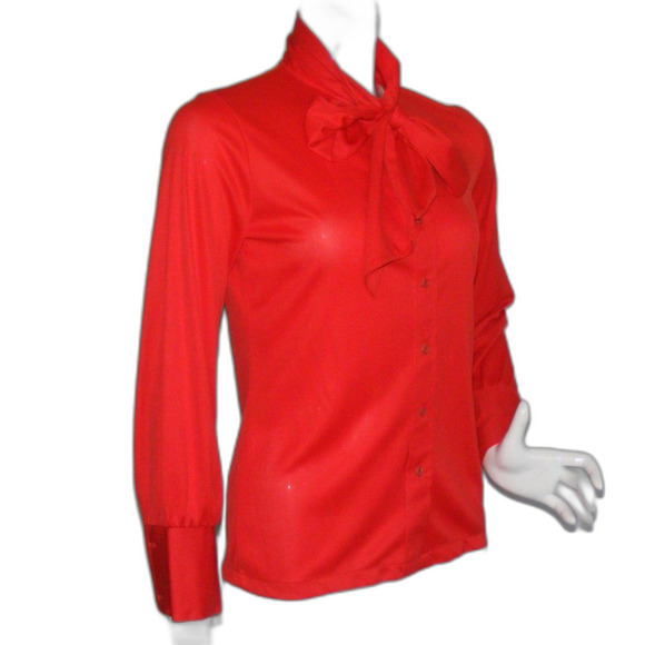 JOYCE Blouse, S, Red Poly, Neck Bow, Long Sleeves, Wide cuffs, VINTAGE - Picture 2 of 9